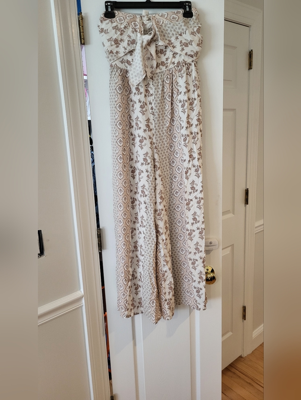 Strapless Wide-Leg Jumpsuit in Cream and Brown